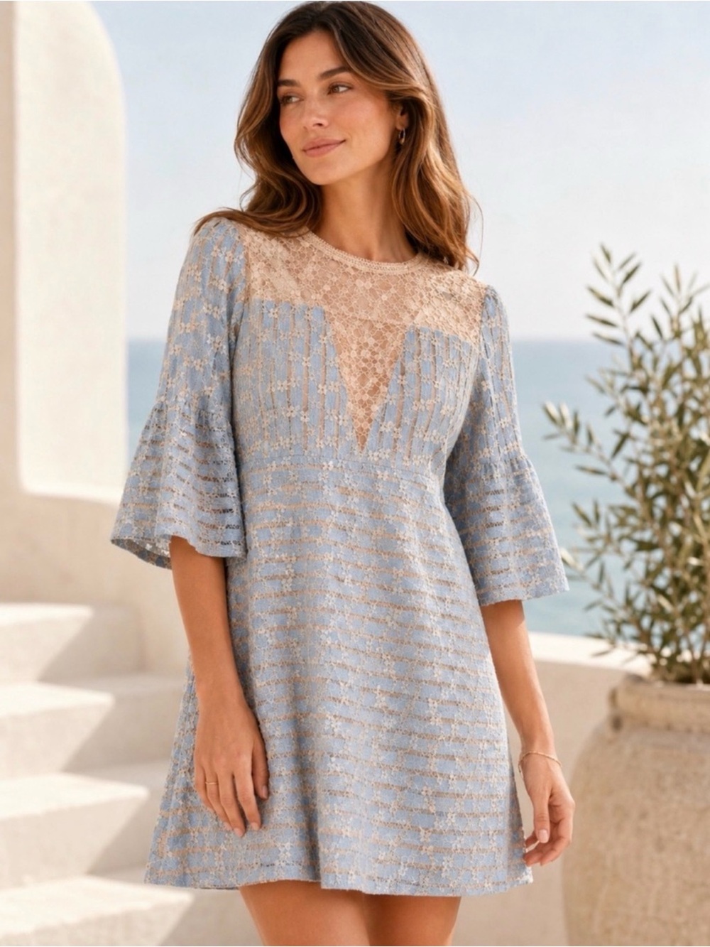 NWT FOXIEDOX ANTHROPOLOGIE CORDELIA BLUE LACE BELL SLEEVES MINI DRESS SIZE SMALL